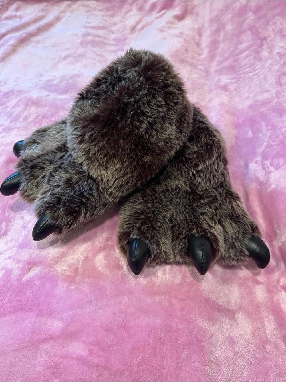 Plush Bear Paw Slippers in Dark Brown Faux Fur